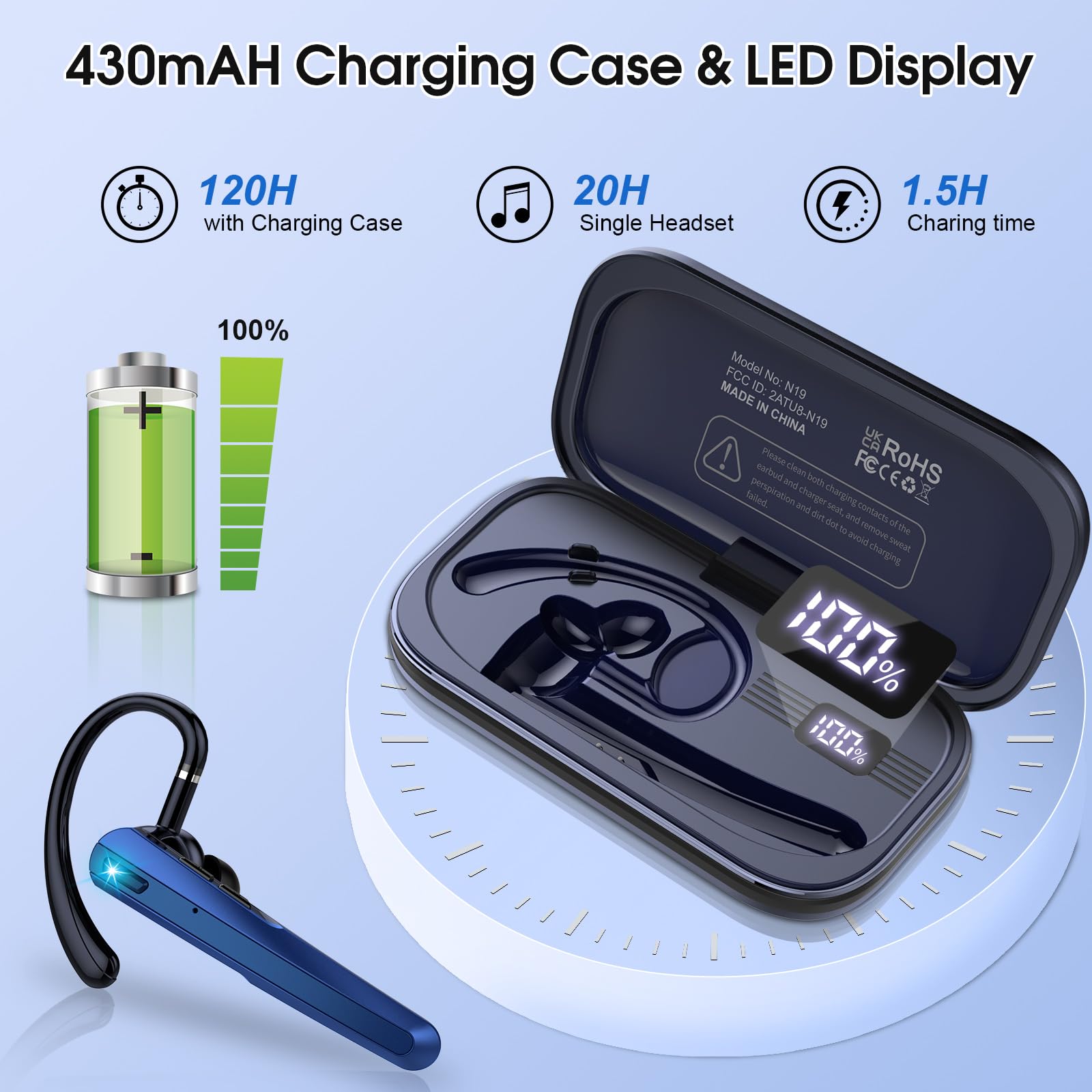 Bluetooth Headset V5.3, Bluetooth Earpiece with ENC Noise